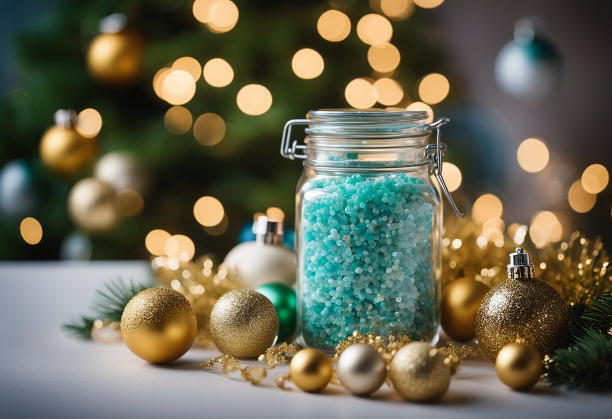 A glass jar filled with scented bath salts, adorned with festive Christmas decorations and surrounded by other holiday-themed jars