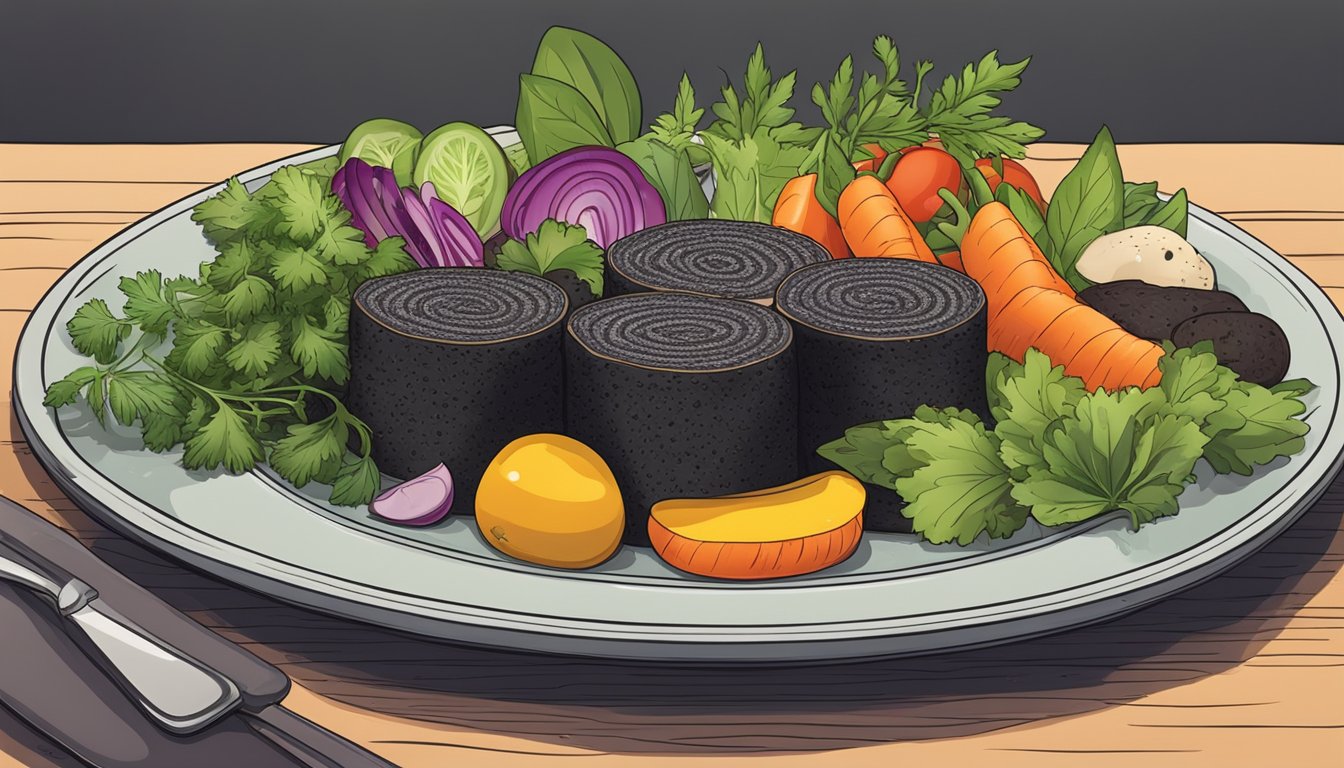 A plate with a slice of black pudding, surrounded by fresh herbs and colorful vegetables