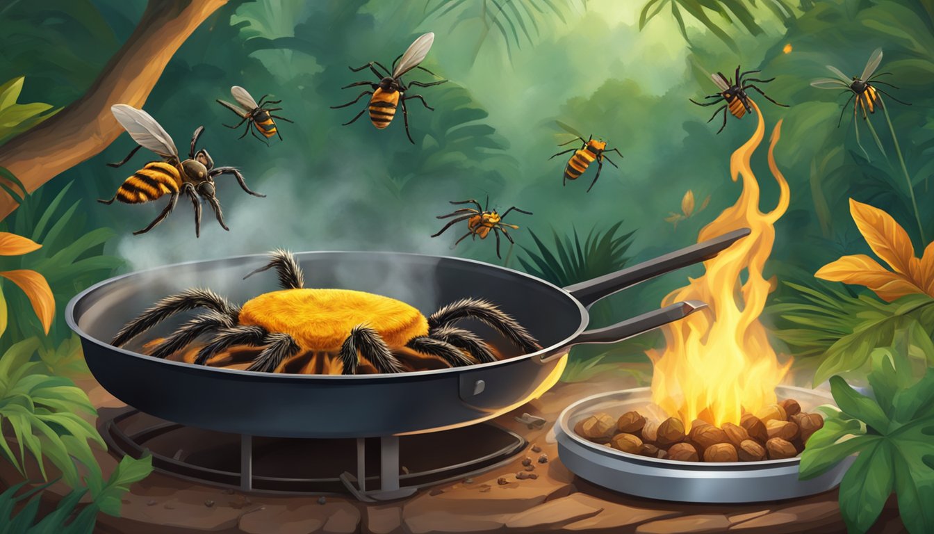 A tarantula is being fried in a pan over an open flame, surrounded by a jungle landscape with various insects and animals