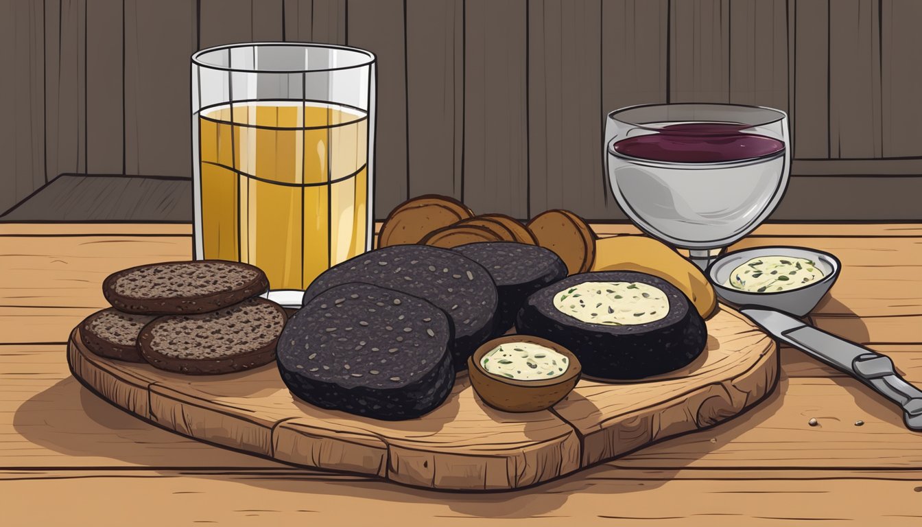 A rustic wooden table with a spread of black pudding, accompanied by crusty bread, pickles, and a glass of red wine