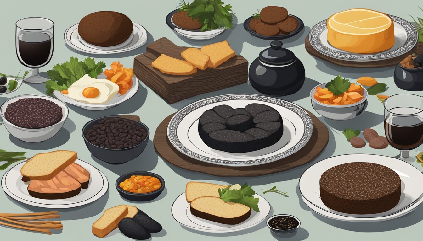 A table set with black pudding, surrounded by traditional regional and cultural symbols