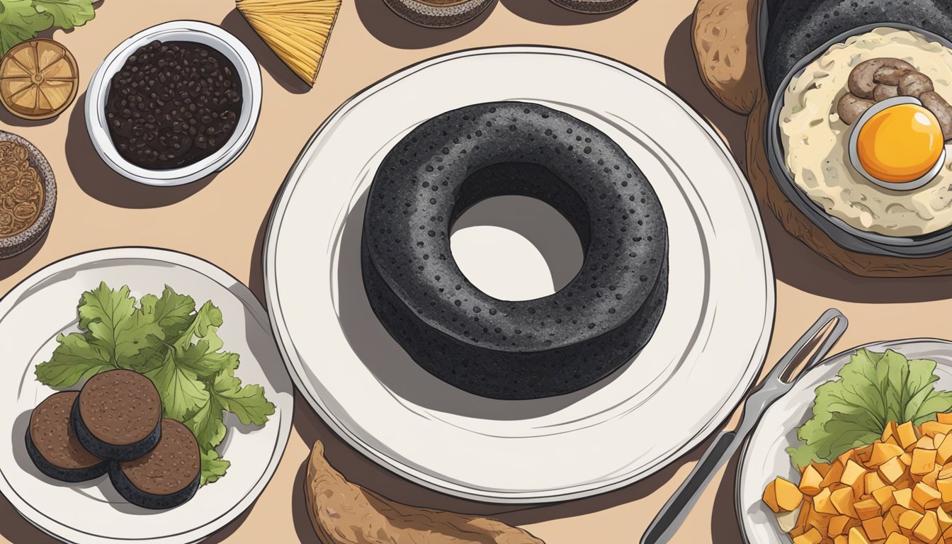 A plate with black pudding next to foreign foods