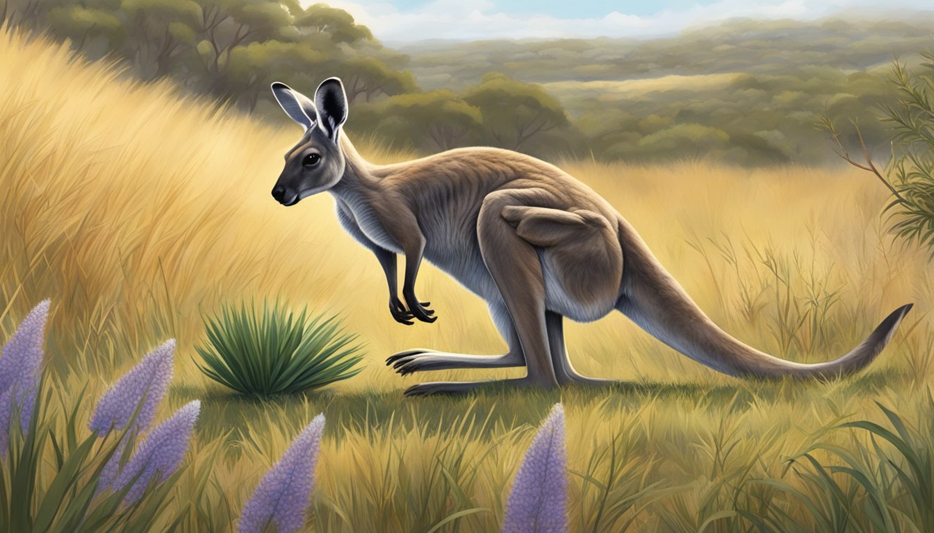 A kangaroo grazing in a grassy field, surrounded by native Australian flora