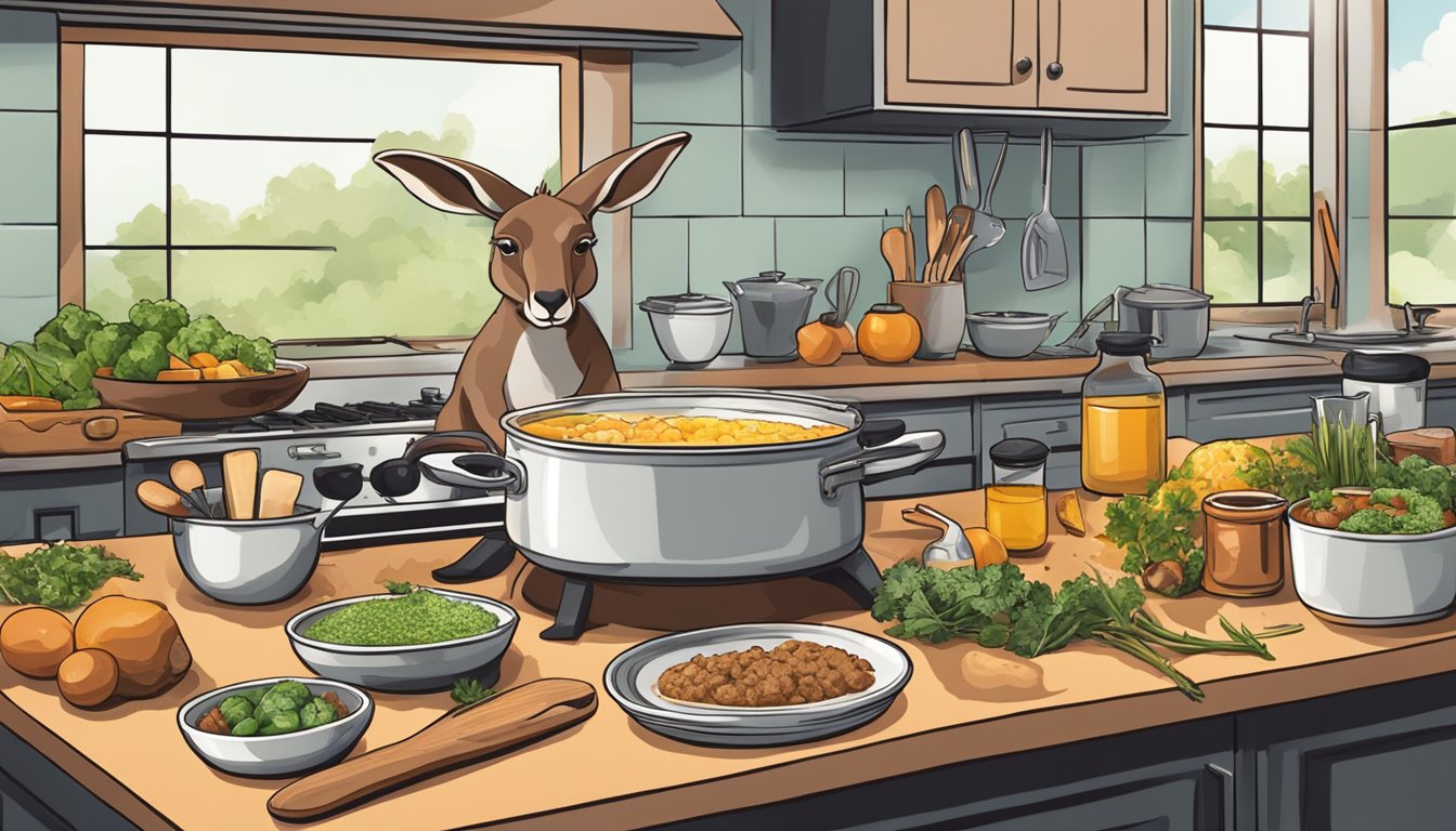 A kangaroo being prepared for cooking with various culinary tools and ingredients surrounding it