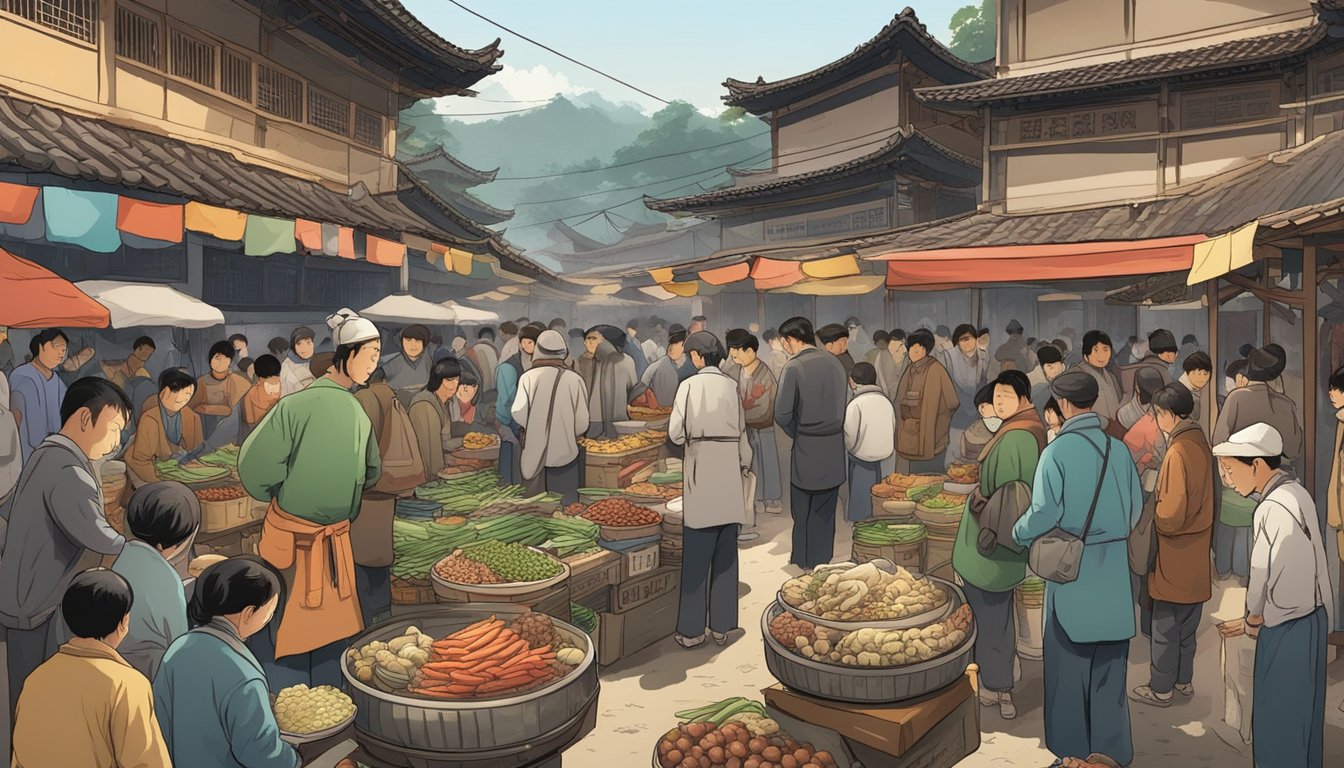 A bustling market with vendors selling various ingredients, including dog meat, as people gather around to purchase the unusual food for boshintang