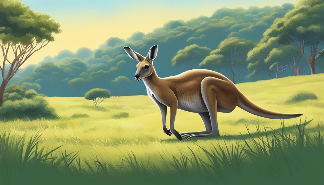 A kangaroo grazing peacefully in a natural, open field, surrounded by lush greenery and a clear blue sky