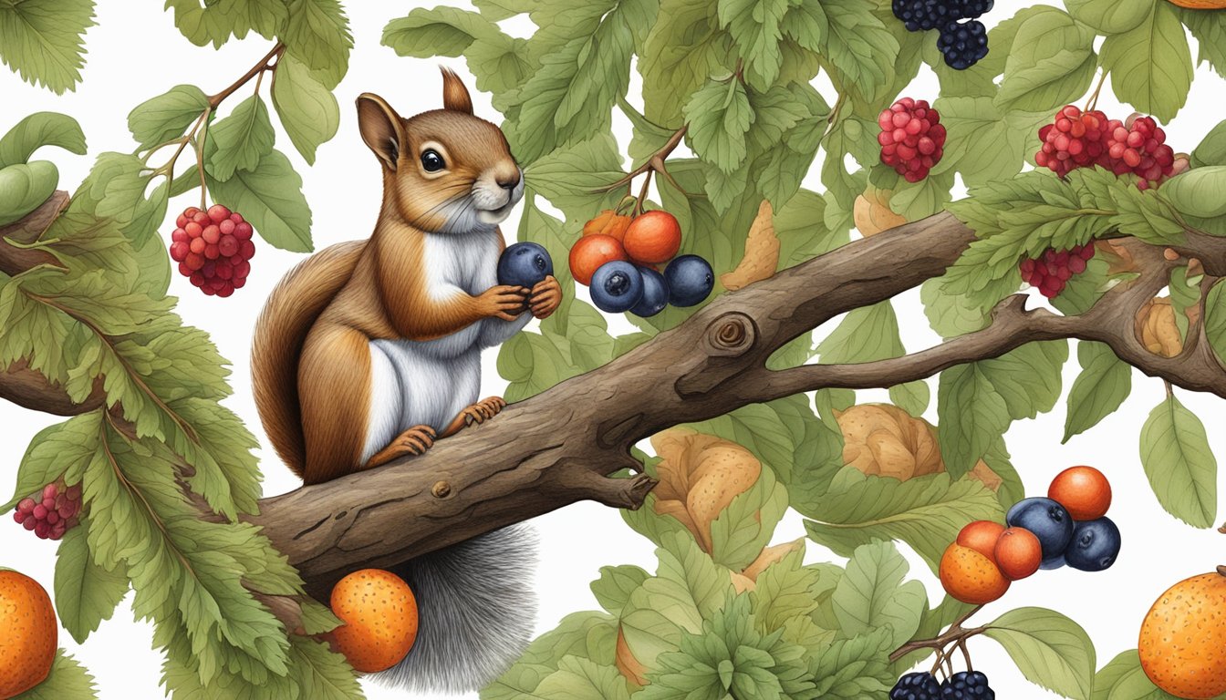 A squirrel perched on a tree branch, surrounded by foraged nuts and berries