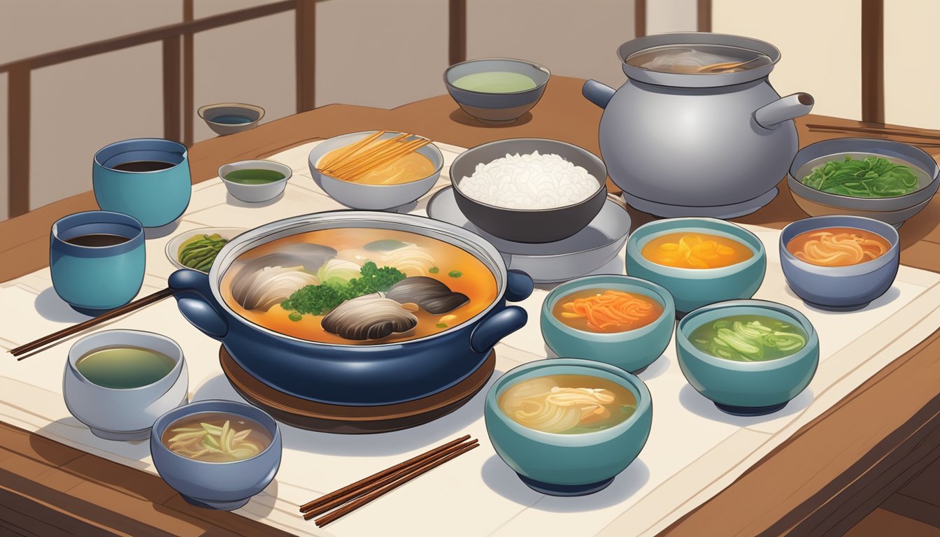 A steaming pot of boshintang soup surrounded by colorful bowls and chopsticks on a traditional Korean dining table