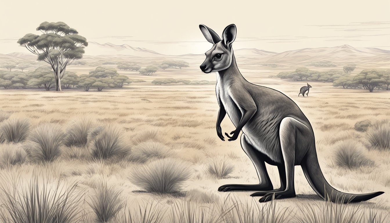 A kangaroo standing in a vast, open field, surrounded by other exotic animals. Its powerful muscles and unique physique set it apart from the rest