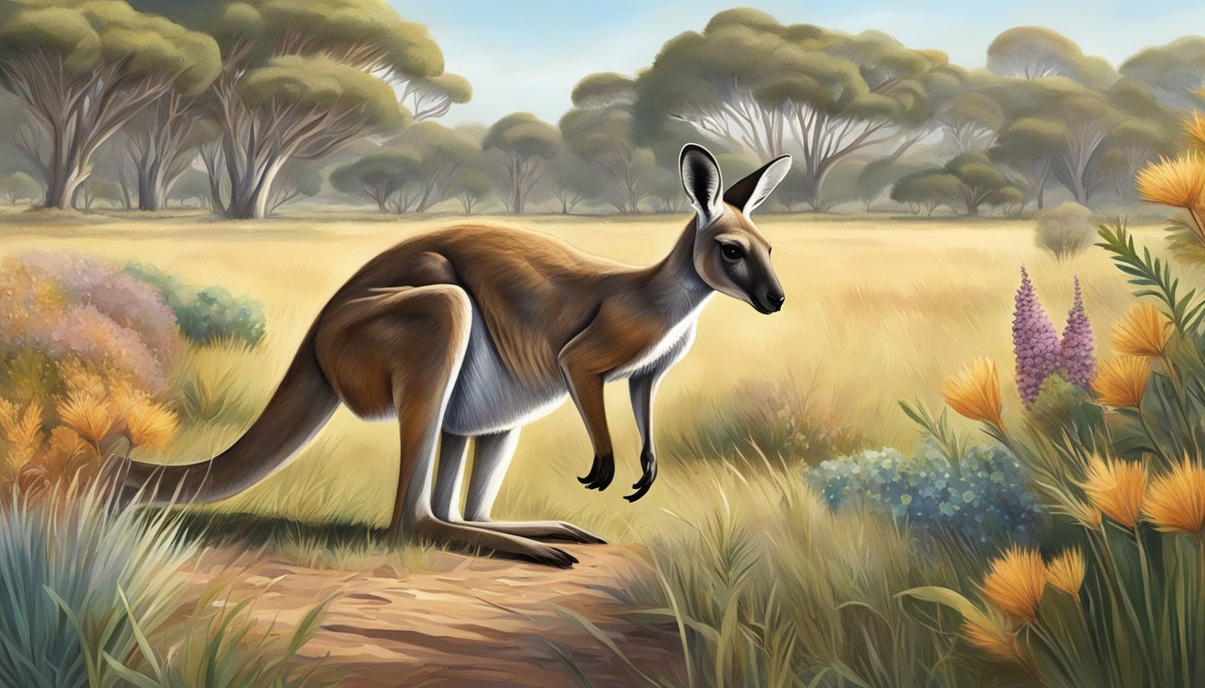 A kangaroo grazing in an open field, surrounded by native Australian flora and fauna