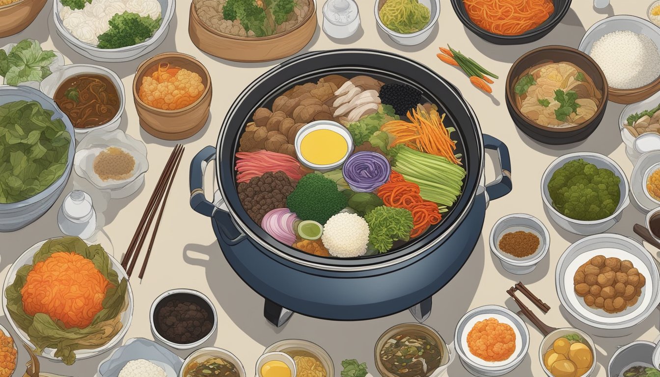 A bubbling pot of boshintang surrounded by various Korean food ingredients and utensils