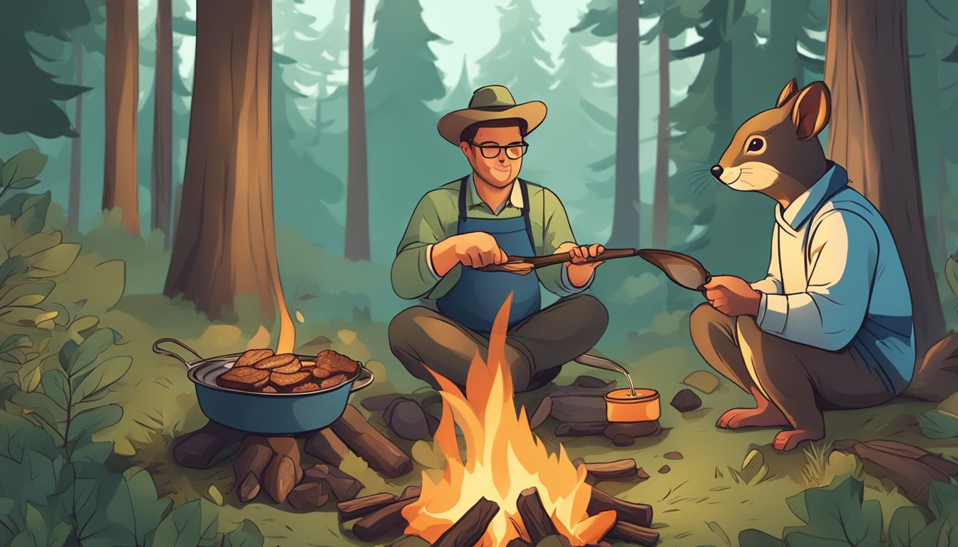 A person cooking squirrel meat over a campfire in a forest clearing