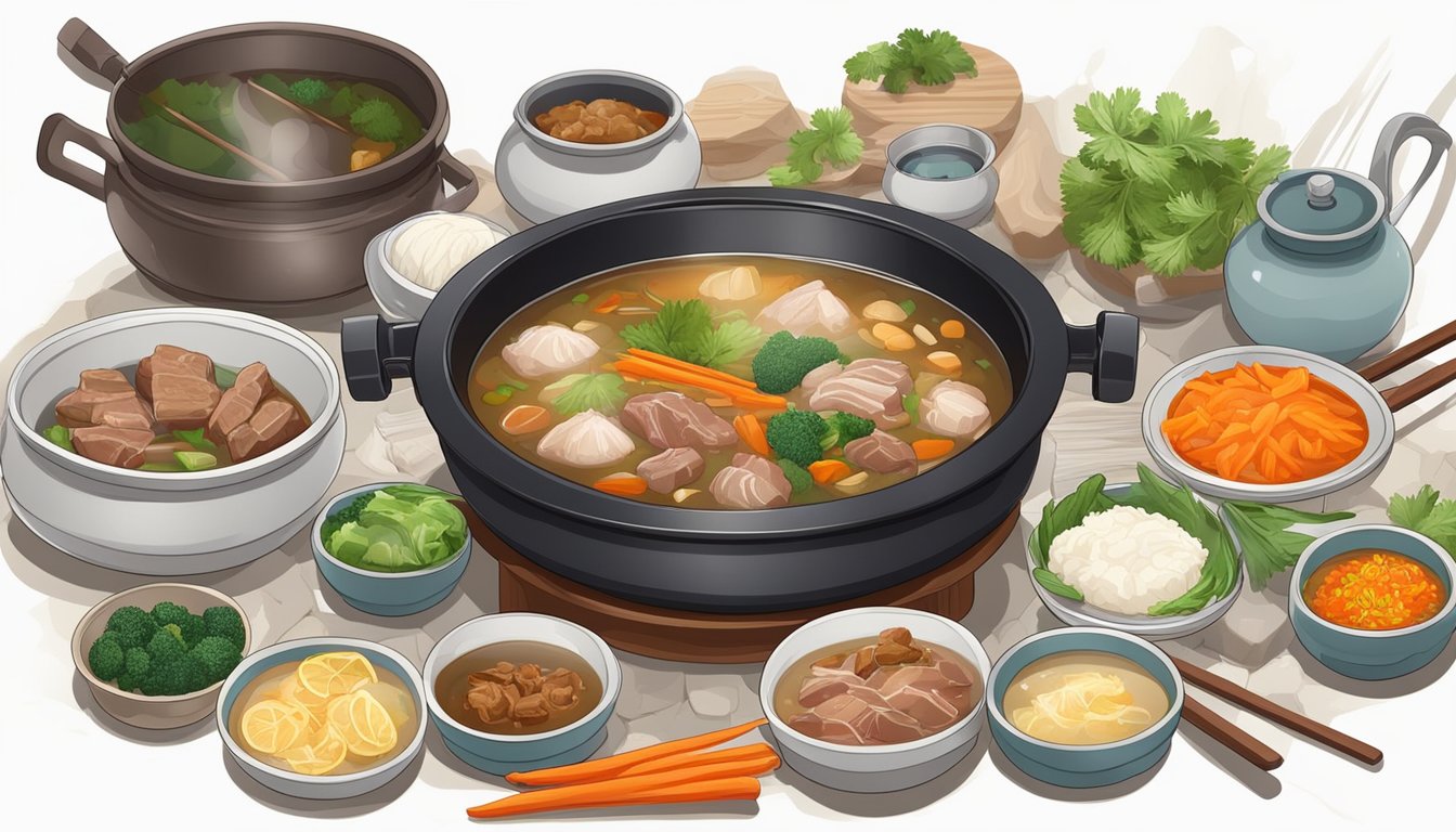 A simmering pot of boshintang soup with chunks of meat and vegetables, surrounded by traditional Korean cooking utensils and ingredients