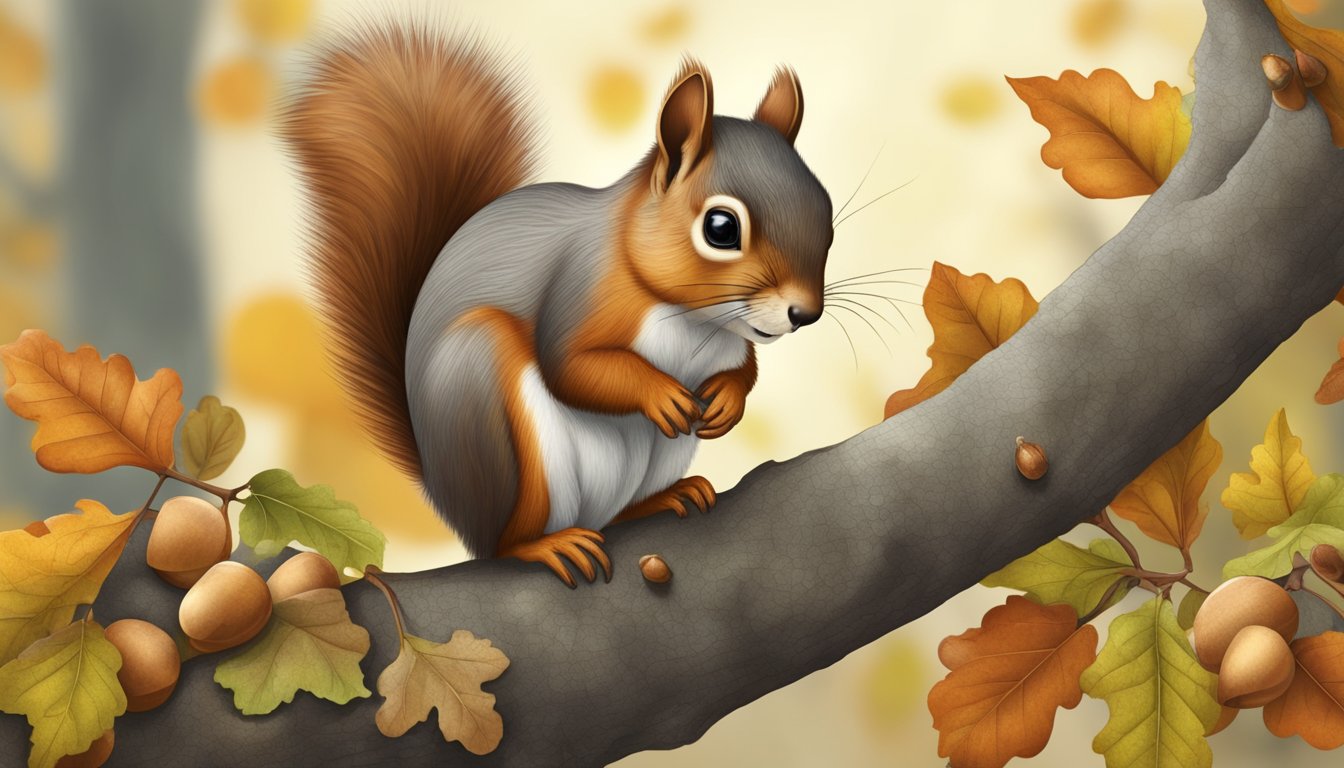 A squirrel perched on a tree branch, surrounded by acorns and leaves, with a curious expression as it nibbles on a piece of meat