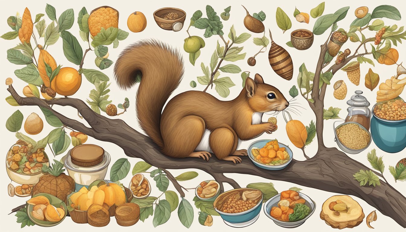 A squirrel perched on a tree branch, surrounded by various cultural symbols and food items