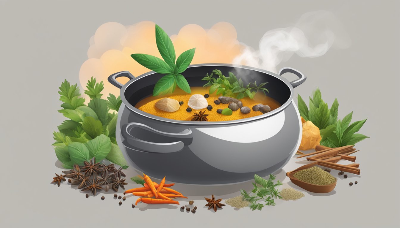 A boiling pot of boshintang surrounded by various herbs and spices, with steam rising and a rich aroma filling the air