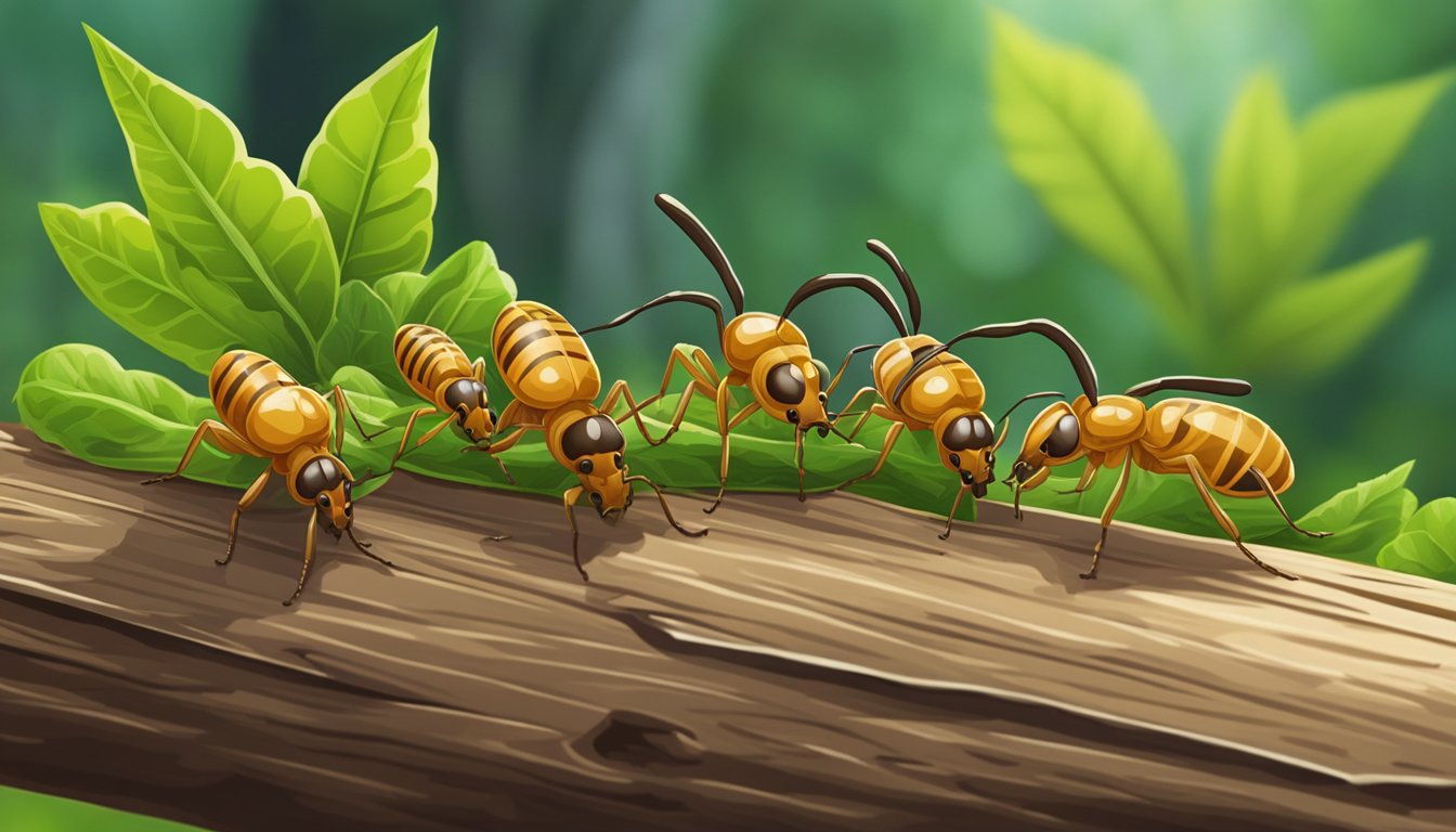 A group of termites crawling on a piece of wood, with green foliage in the background