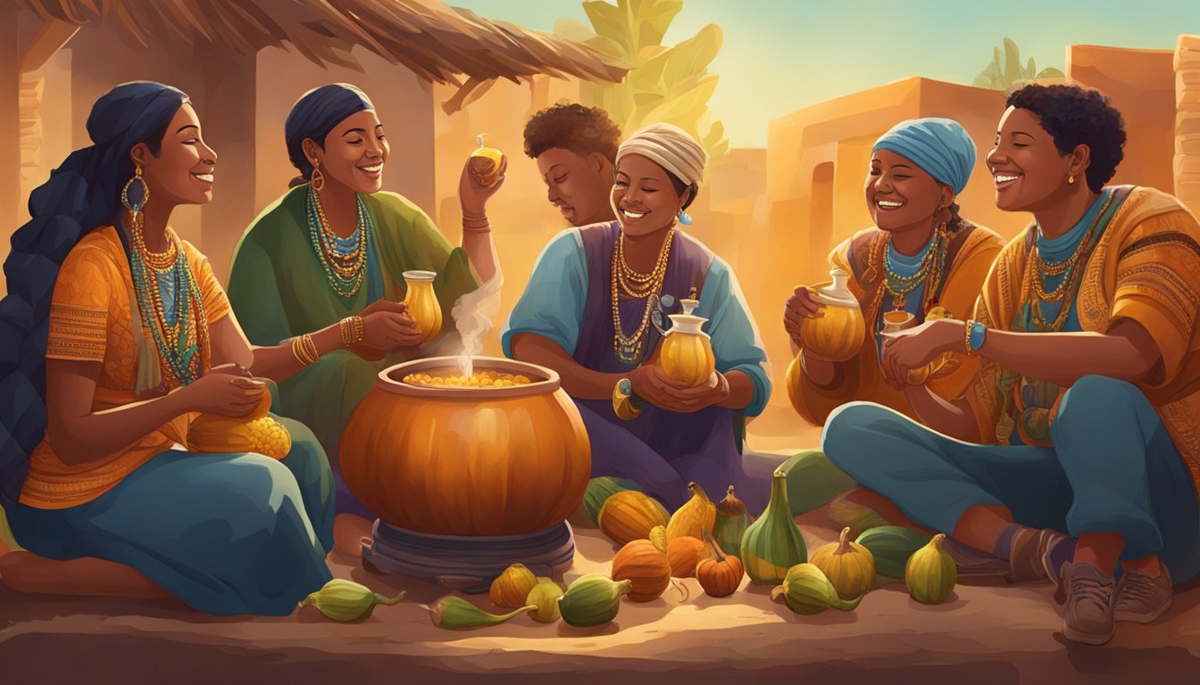 A group of people gathered around a large pot, drinking chicha from gourds in a lively and festive atmosphere