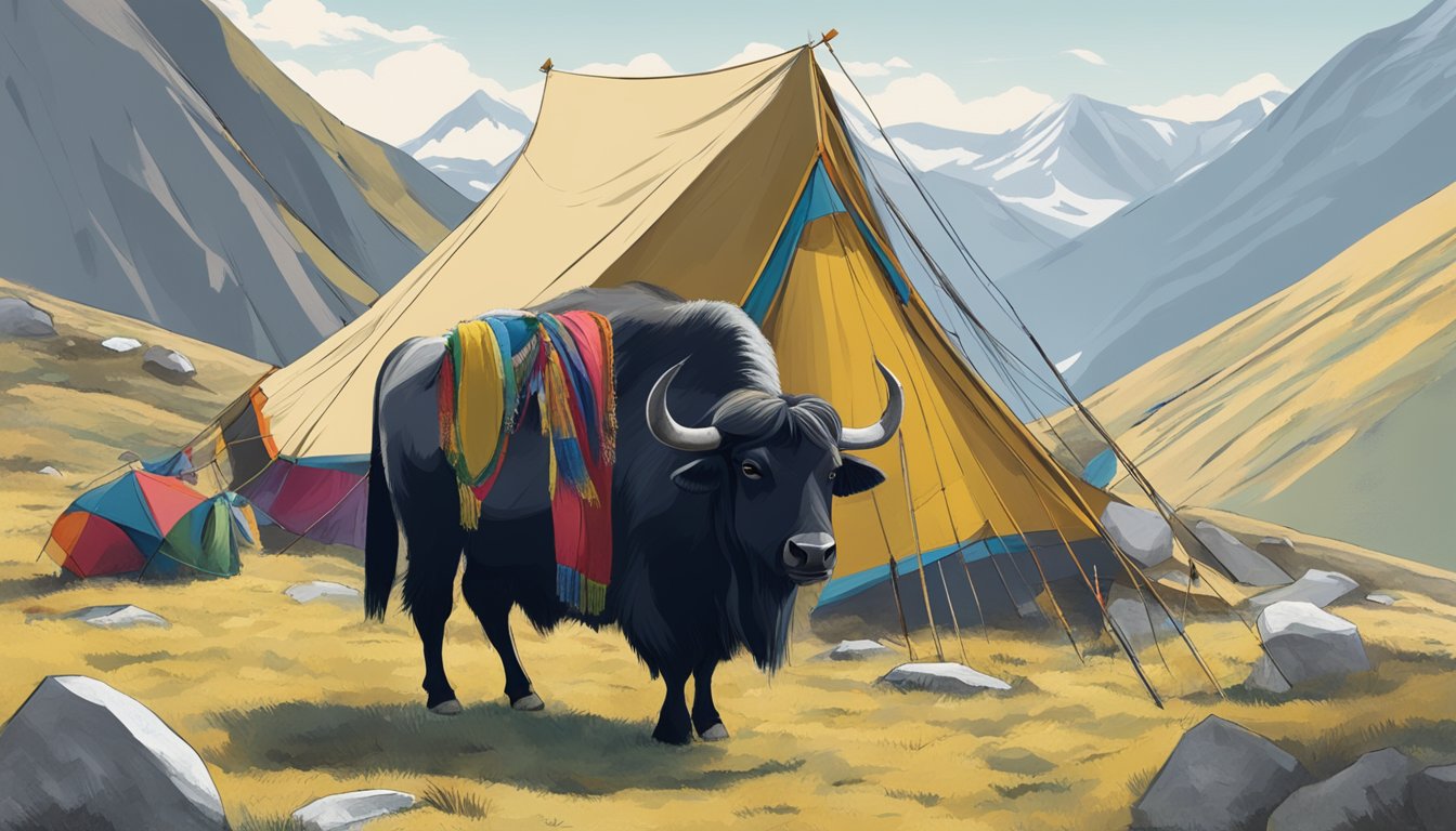 A yak grazing on a mountain slope, with a nomadic tent and prayer flags in the background