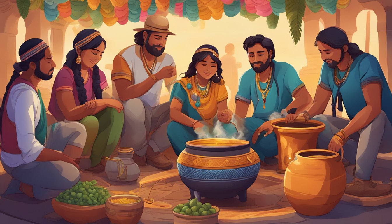 A group of people gather around a large pot brewing chicha, with colorful decorations and traditional instruments nearby