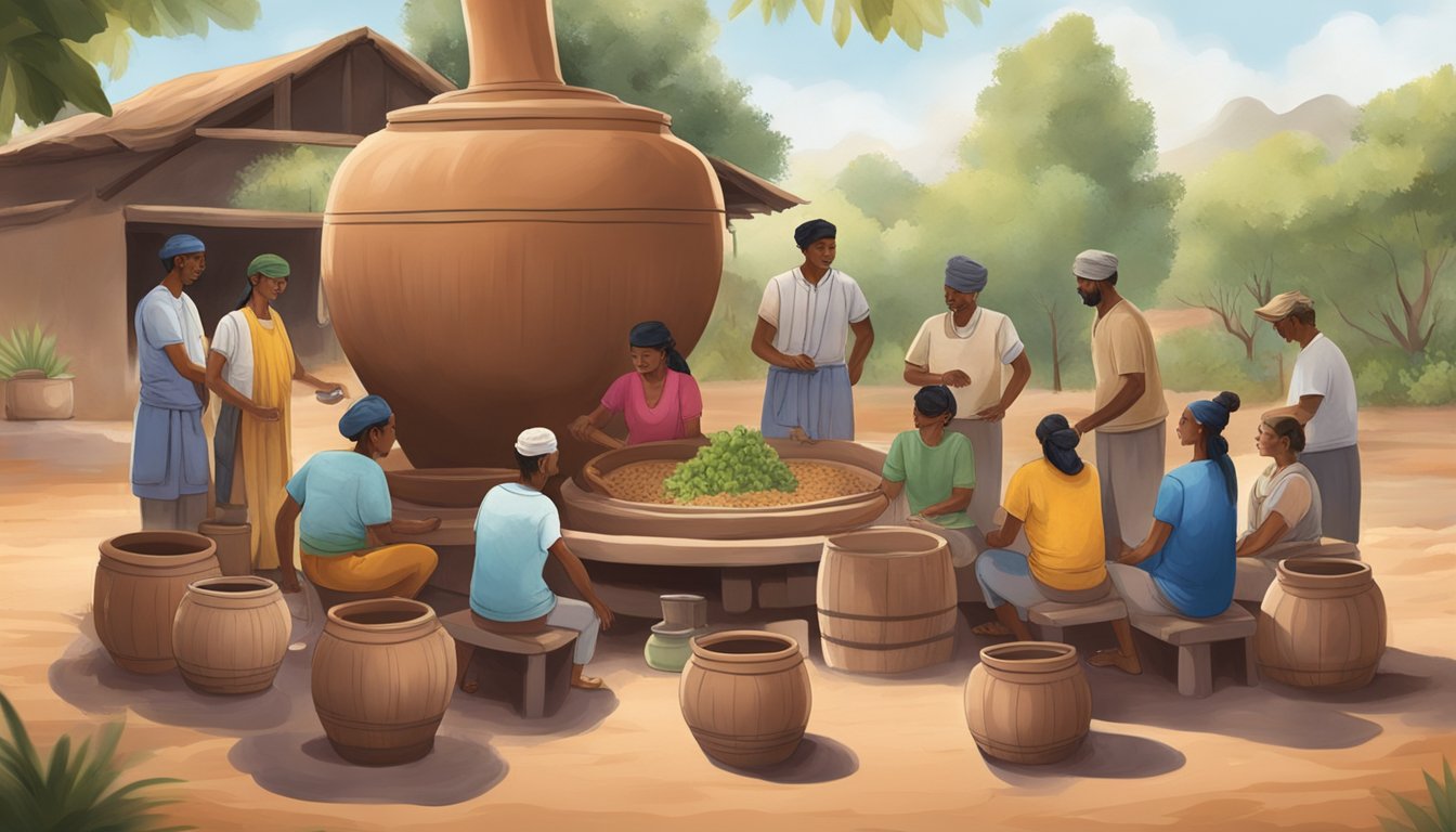 A group of people gathered around a large clay pot, fermenting chicha in an outdoor setting with safety precautions in place