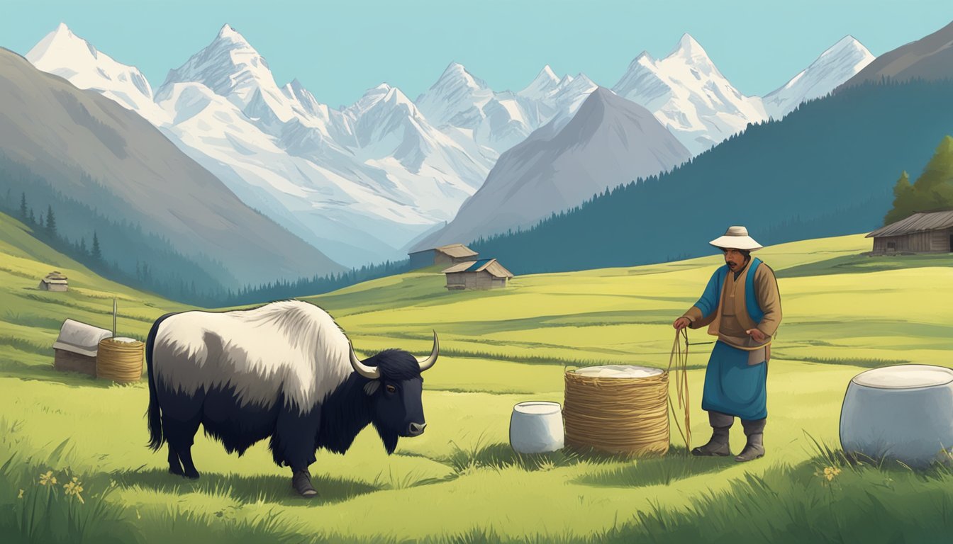 A yak grazing in a Himalayan meadow, with a farmer milking it and collecting the milk to make yak cheese