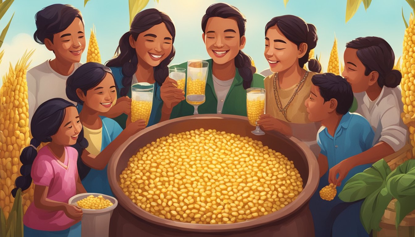 A group of people gathered around a large pot of chicha, sipping the fermented corn beverage in a festive atmosphere