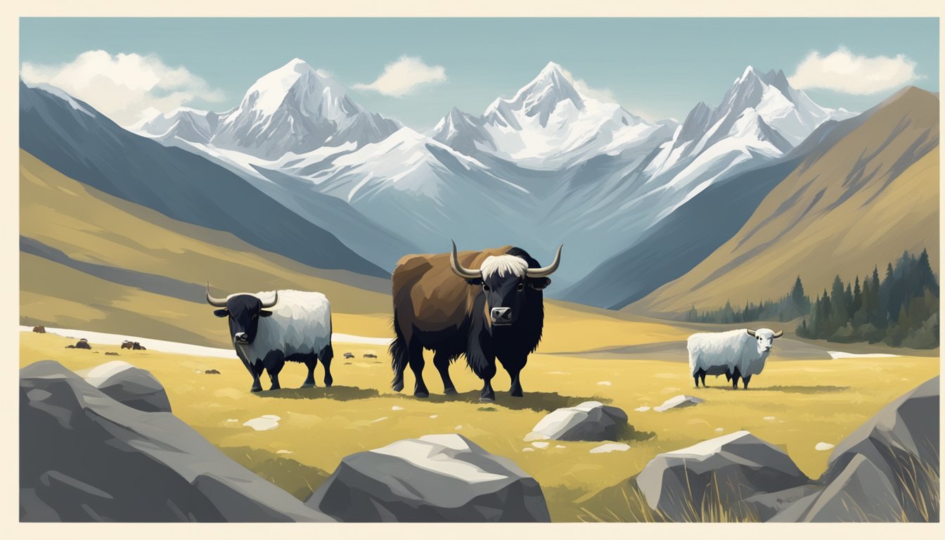 A block of yak cheese surrounded by Himalayan mountains and grazing yaks