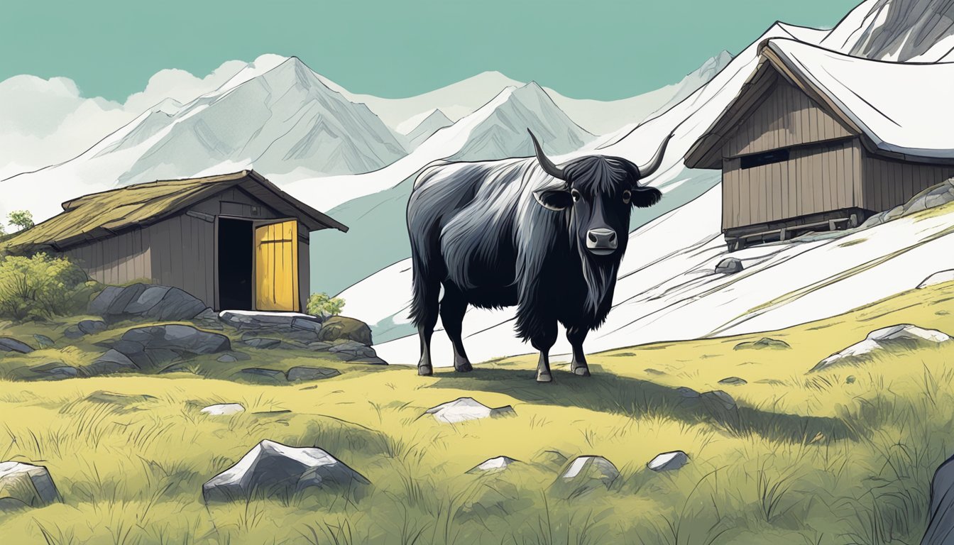 A yak grazing on a lush mountainside, with a small cheese-making hut in the background