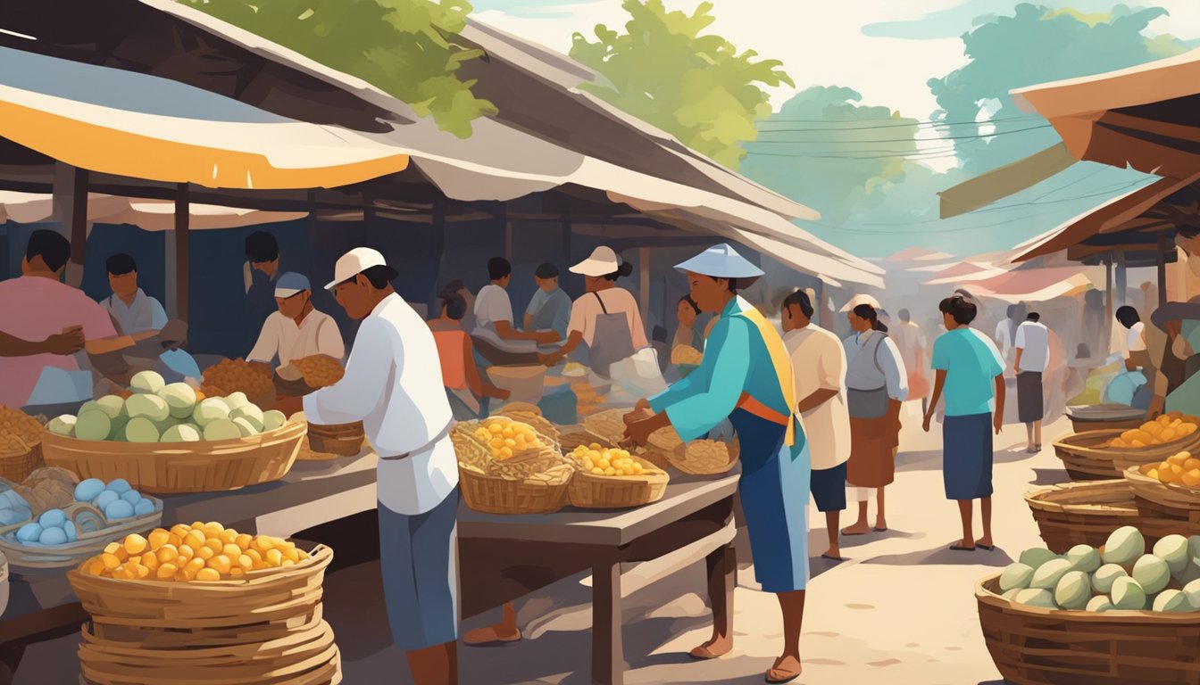 A traditional Filipino market with vendors selling balut eggs in baskets, surrounded by curious customers