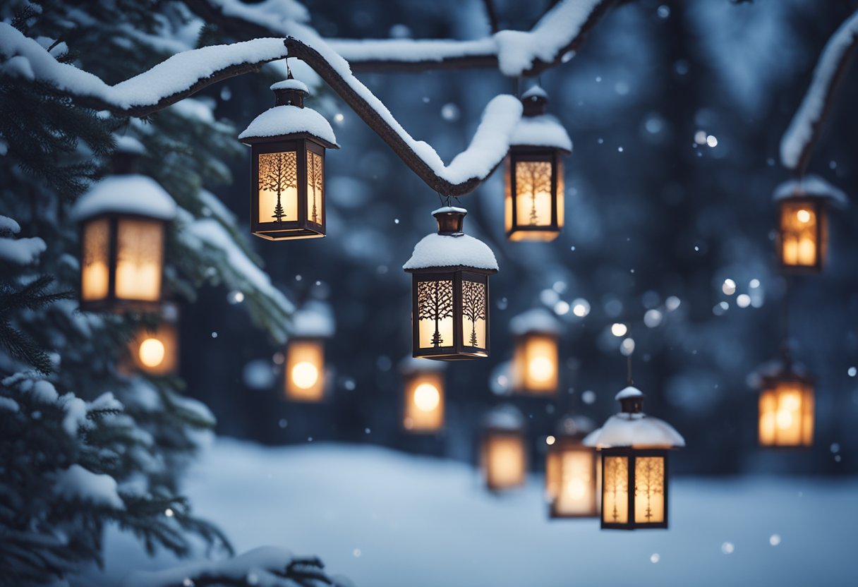 A cozy winter scene with 16 unique Christmas lanterns glowing in the snow-covered landscape, casting a warm and festive light