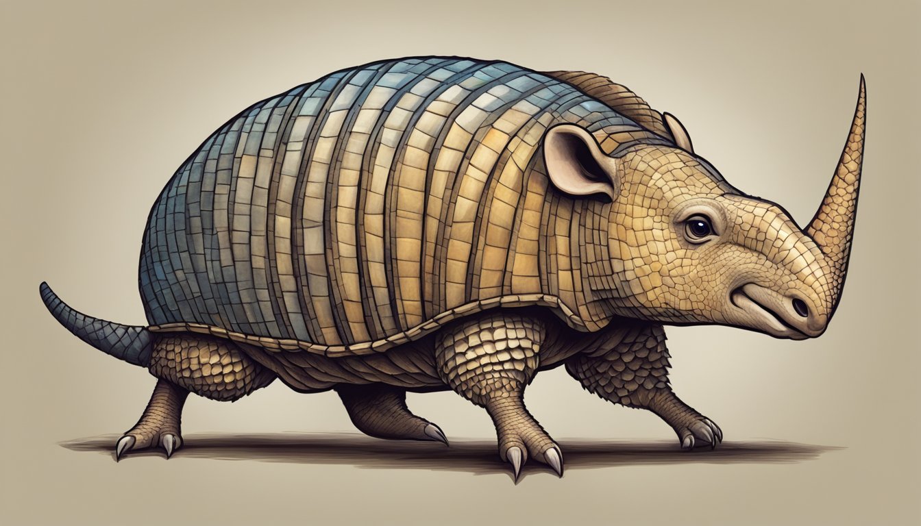 An armadillo standing on its hind legs, holding a piece of armadillo meat in its front paws, with a puzzled expression on its face