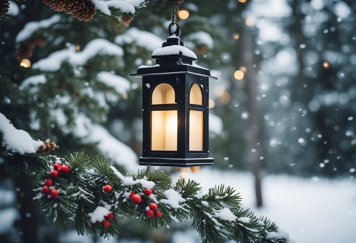 A rustic twig lantern hanging from a tree branch, surrounded by snow-covered pinecones and holly leaves