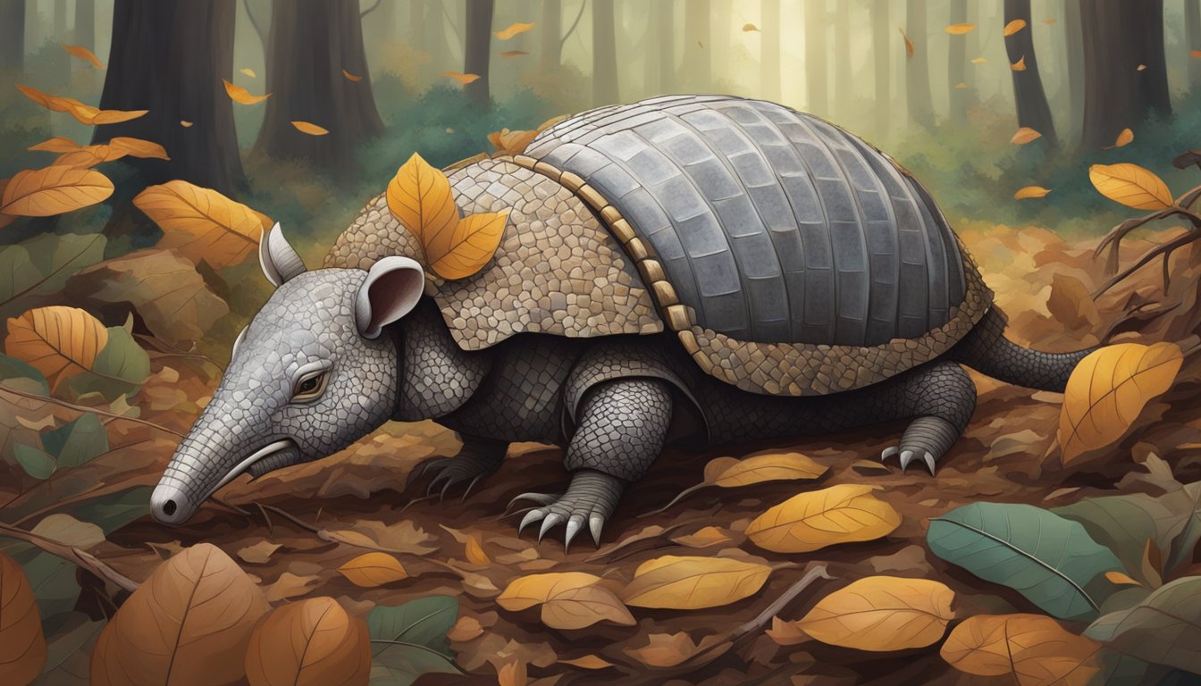 An armadillo carcass lies on a forest floor, surrounded by scattered leaves and twigs. Its armored shell is cracked open, revealing the meat inside