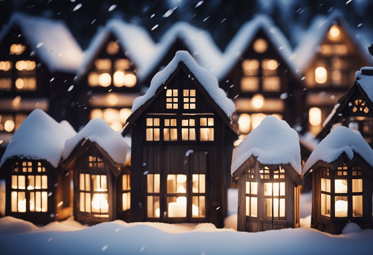 A cozy Nordic wooden house adorned with 16 Christmas lanterns glowing in the snow