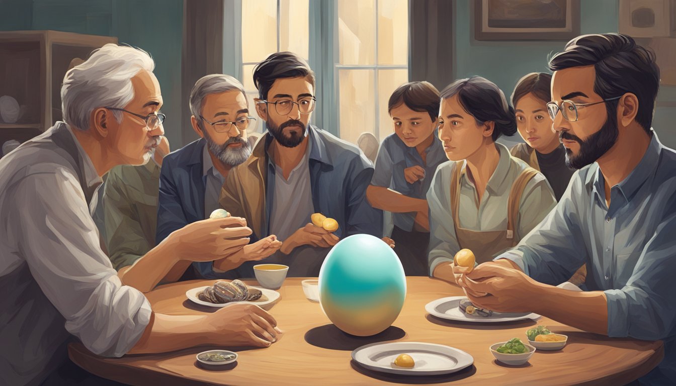 A group of people gathered around a table, with one person holding a balut egg while others look on with curiosity and intrigue