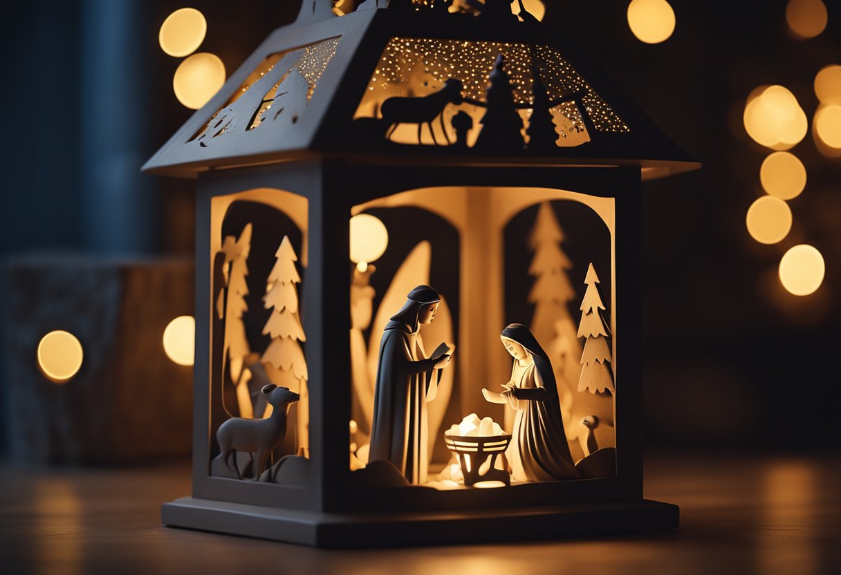 A 3D nativity scene inside a lantern, with Mary, Joseph, and baby Jesus, surrounded by animals and angels, illuminated by soft candlelight