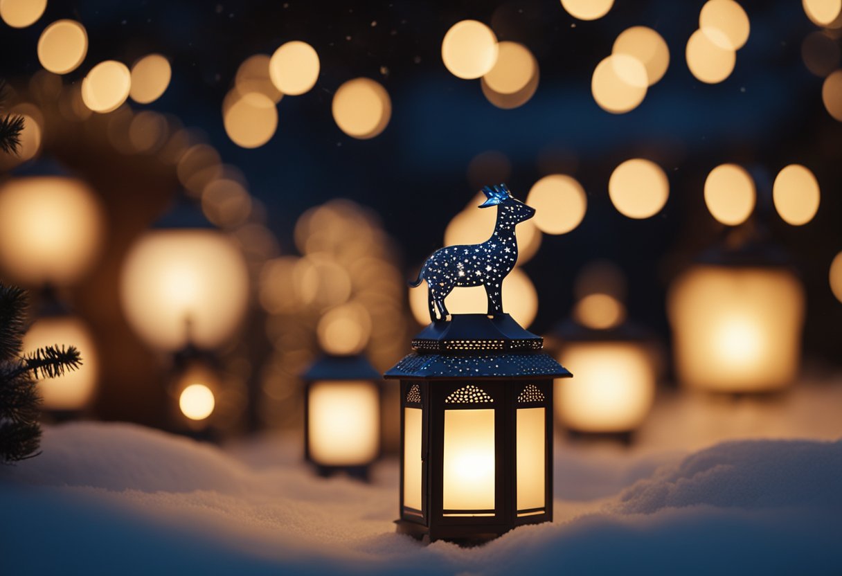 A whimsical animal-shaped lantern illuminates a cozy holiday scene, surrounded by other festive Christmas lanterns