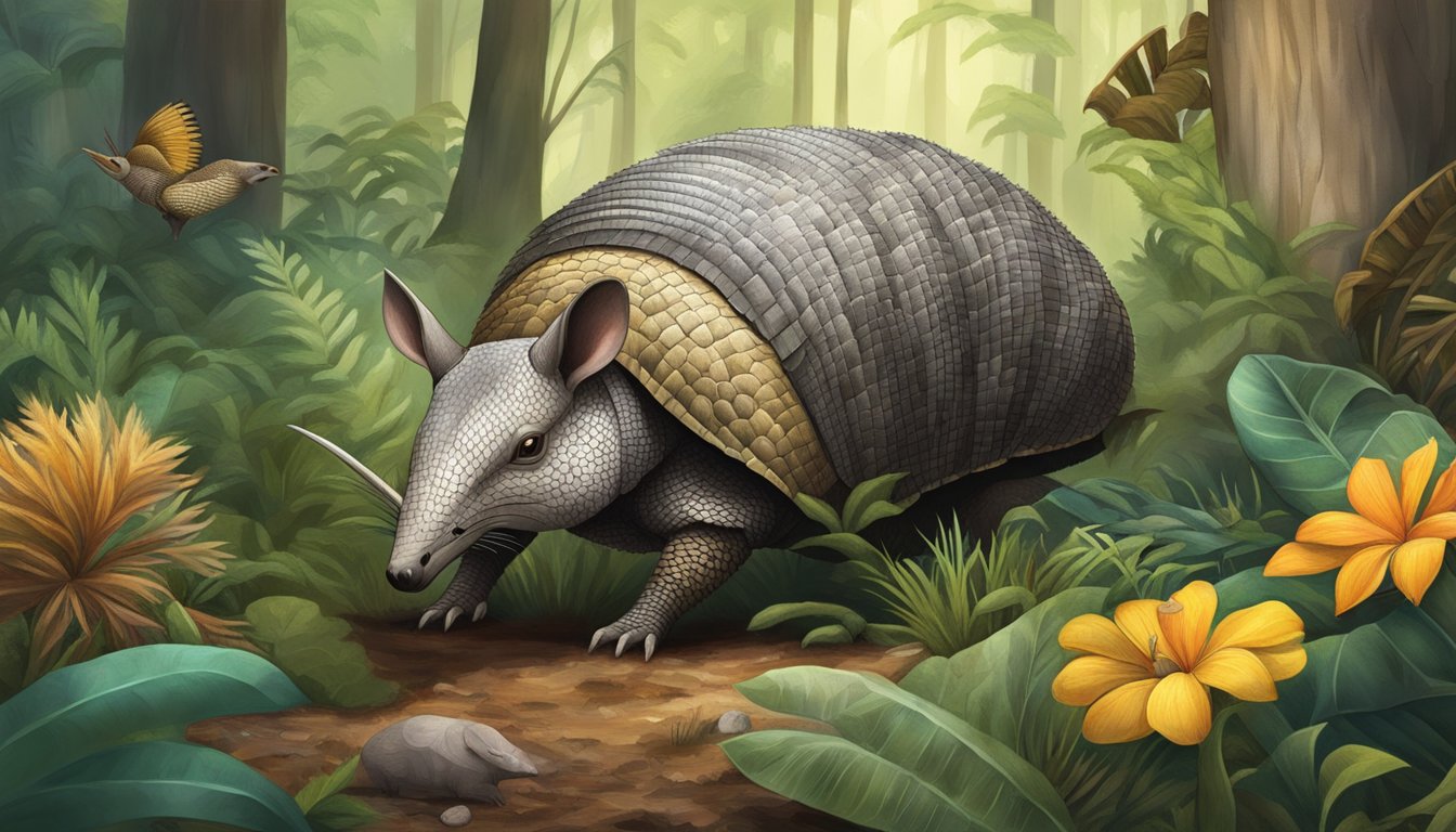 An armadillo scavenges for food in a dense forest, surrounded by diverse plant and animal life