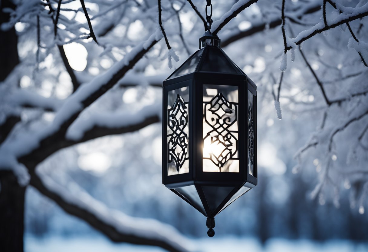 A modern metal geometric lantern hanging from a tree branch, casting intricate patterns of light onto the snowy ground below