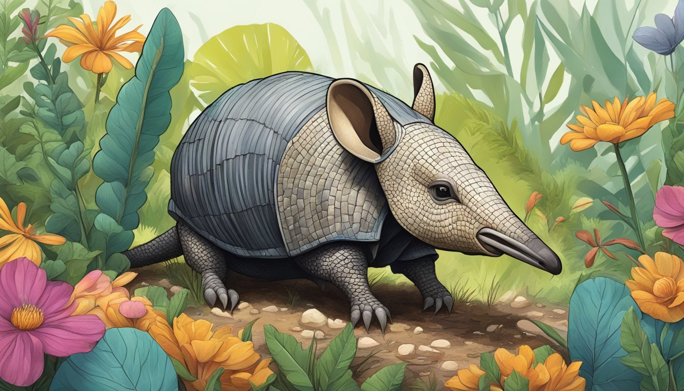 A curious armadillo munches on its own meat, surrounded by vibrant, unfamiliar flora and fauna