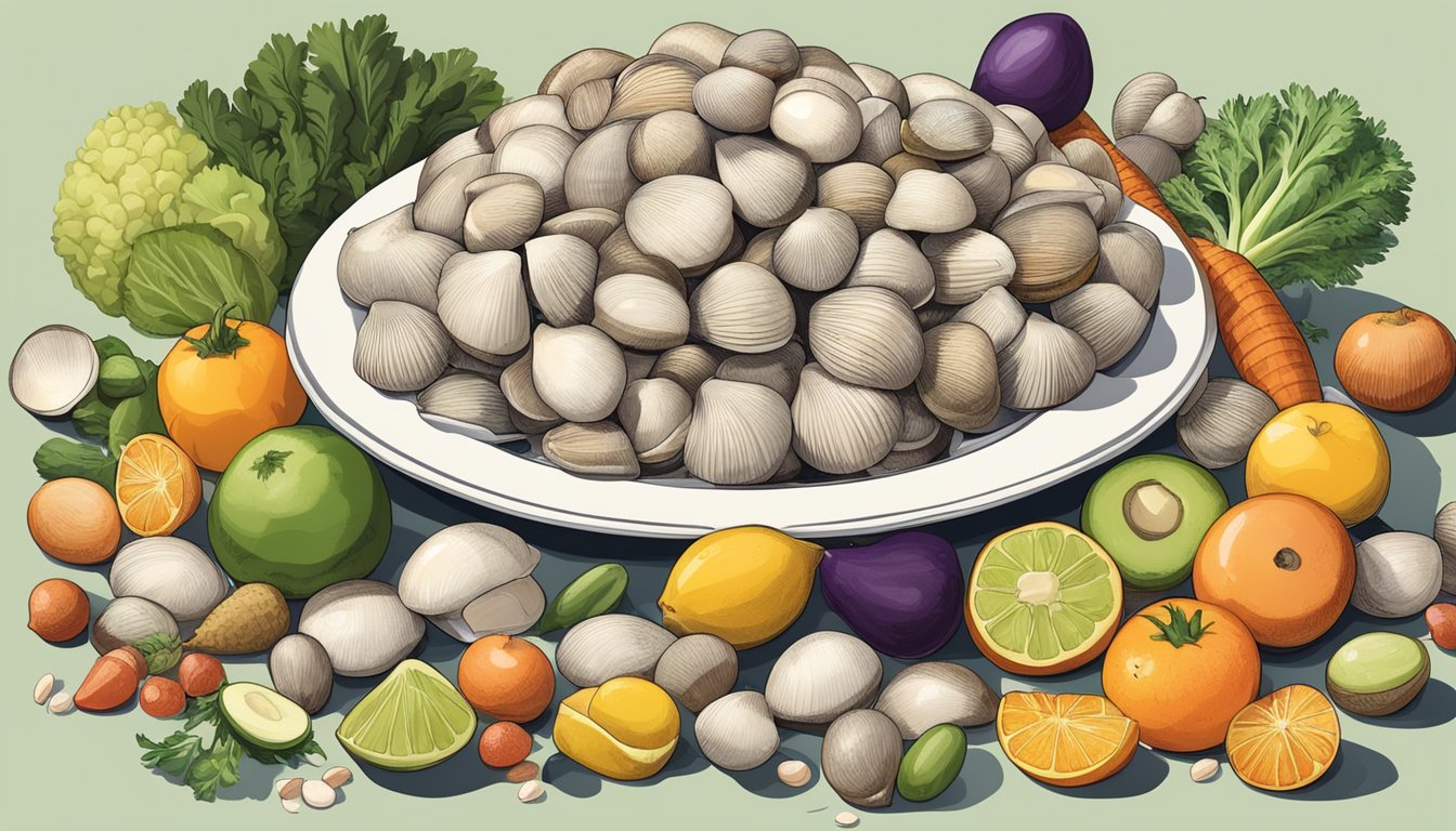 A pile of cockles arranged on a plate, surrounded by various fruits and vegetables, with a measuring tape and a nutrition label nearby