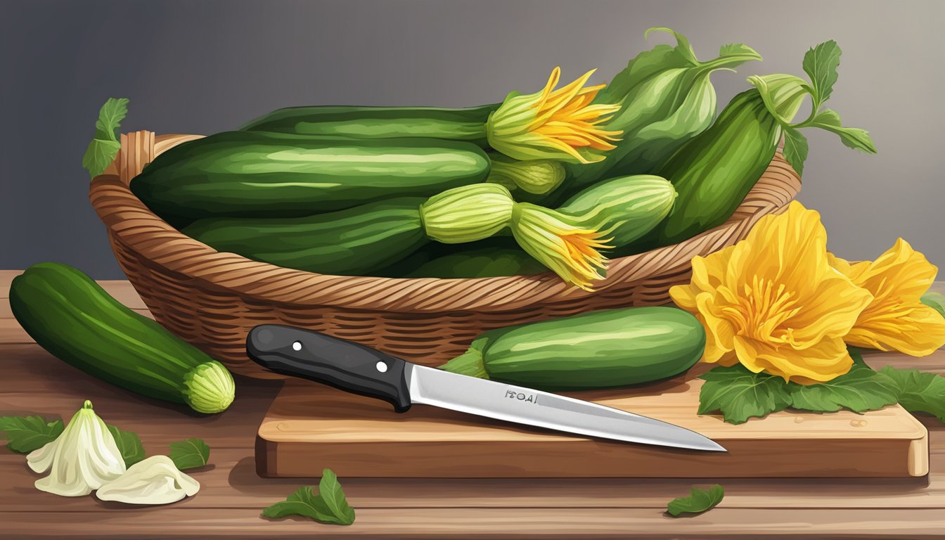 A basket of freshly picked zucchini flowers, with a chef's knife and cutting board nearby