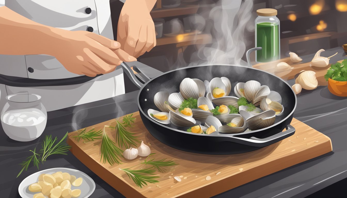 A chef prepares cockles in a sizzling pan with garlic and herbs