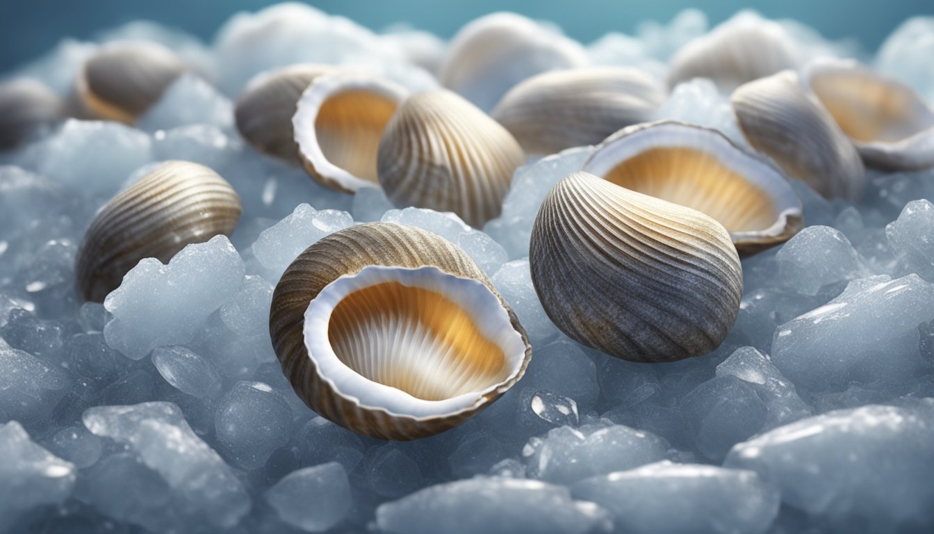 A pile of cockles nestled in a bed of ice, their smooth, ridged shells glistening under the light