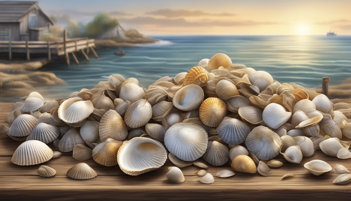 A coastal scene with a pile of cockles on a weathered wooden table, surrounded by seashells and fishing nets