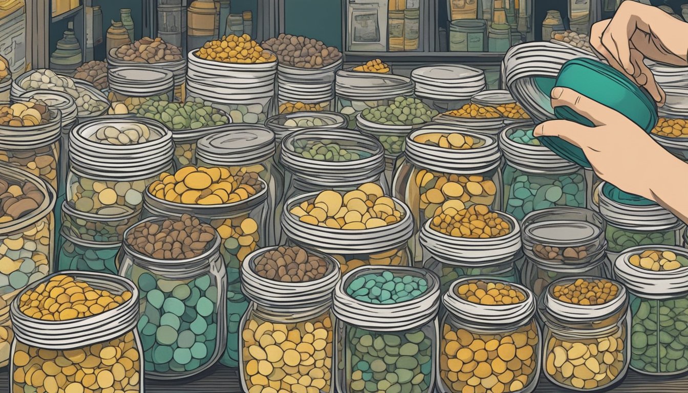 A hand reaching for a jar of cockles on a crowded market shelf