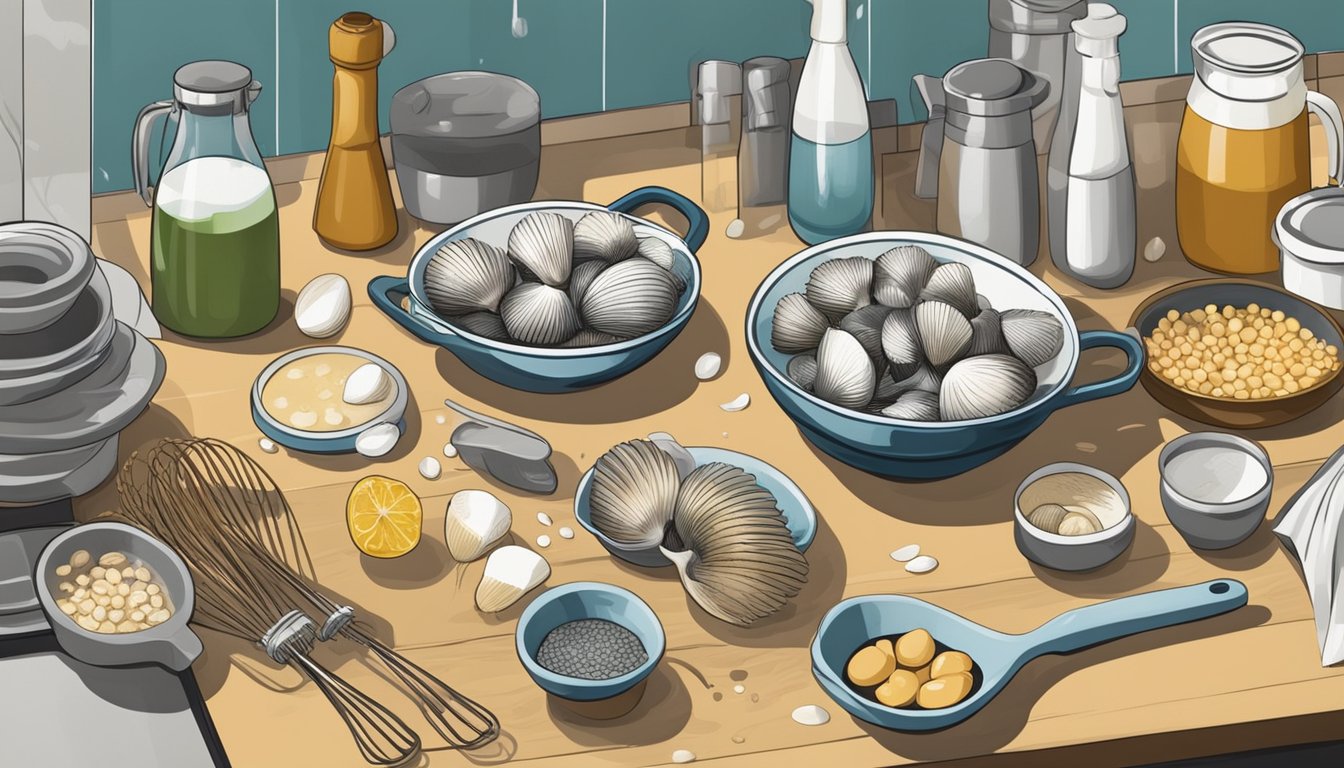 Cockles being washed and soaked in water, surrounded by various cooking utensils and ingredients on a kitchen counter