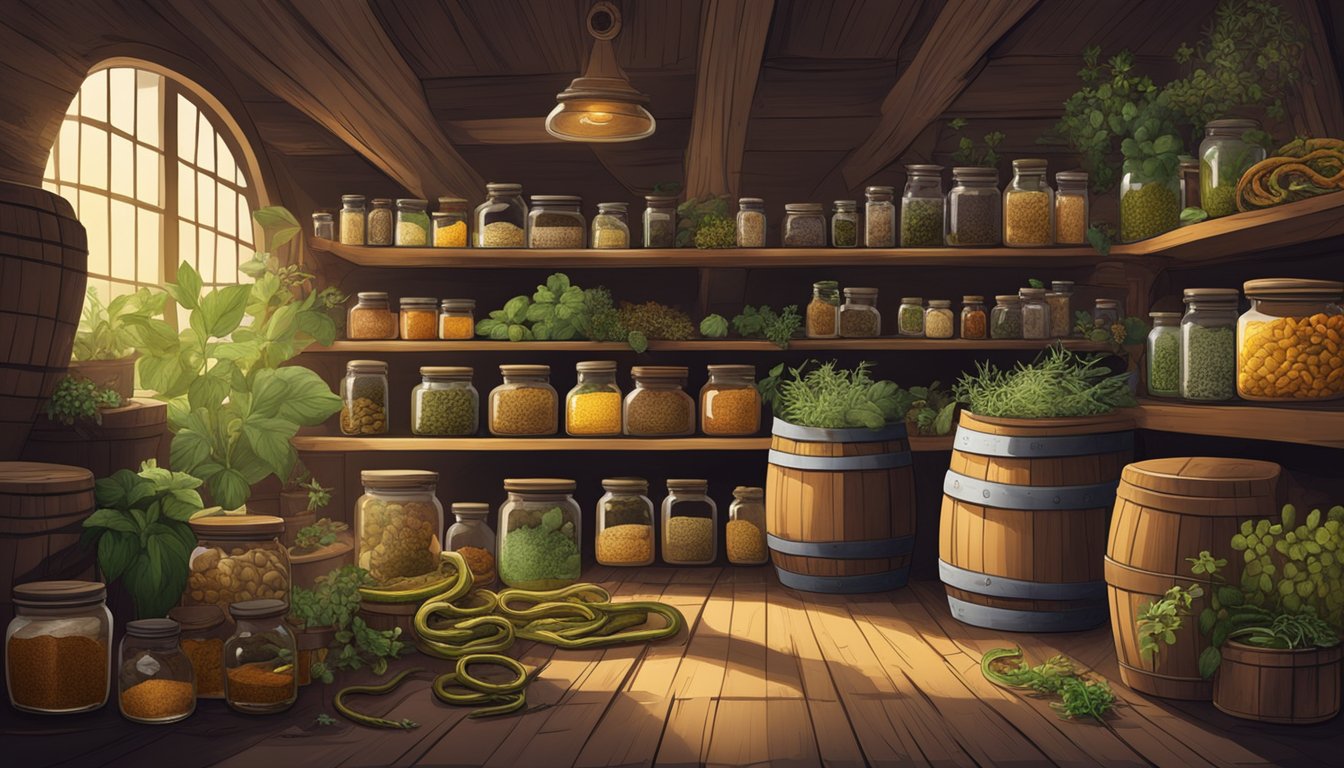 A dimly lit cellar with shelves of glass jars filled with coiled snakes, surrounded by various herbs and spices. A large wooden barrel in the center, filled with a murky liquid and more snakes