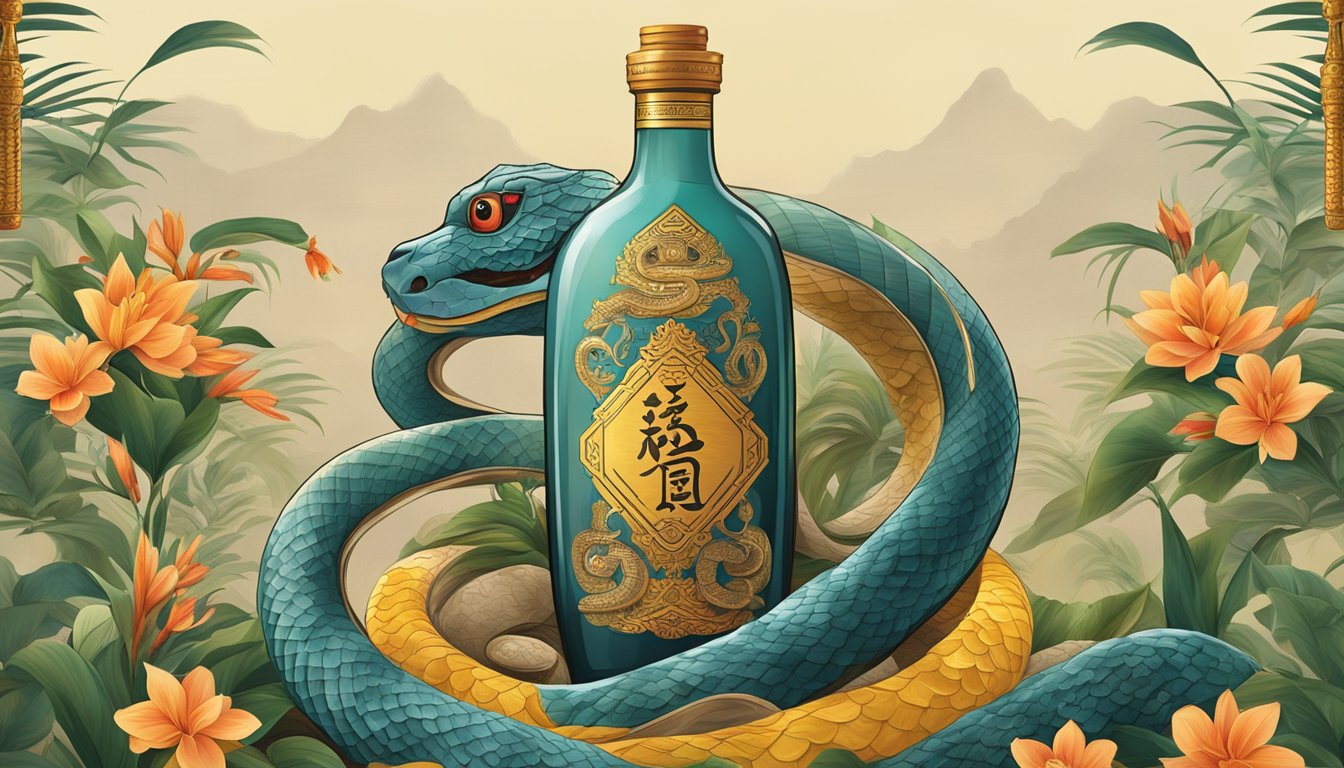 An ornate bottle of snake wine is being unveiled, surrounded by traditional Southeast Asian decor and symbols